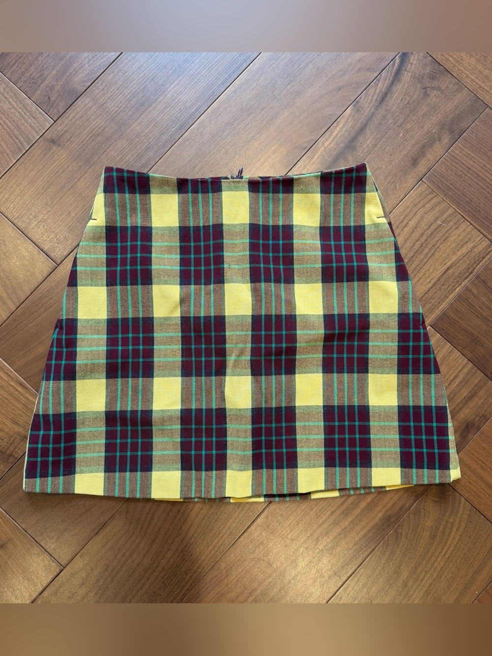 Wilfred Yellow Plaid Mini Skirt with Burgundy and Teal Checks